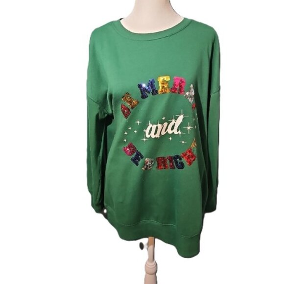 19 - Feeling Festive Be Merry and Be Bright Green Sequin Letter Sweatshirt - 14W - Picture 1 of 1